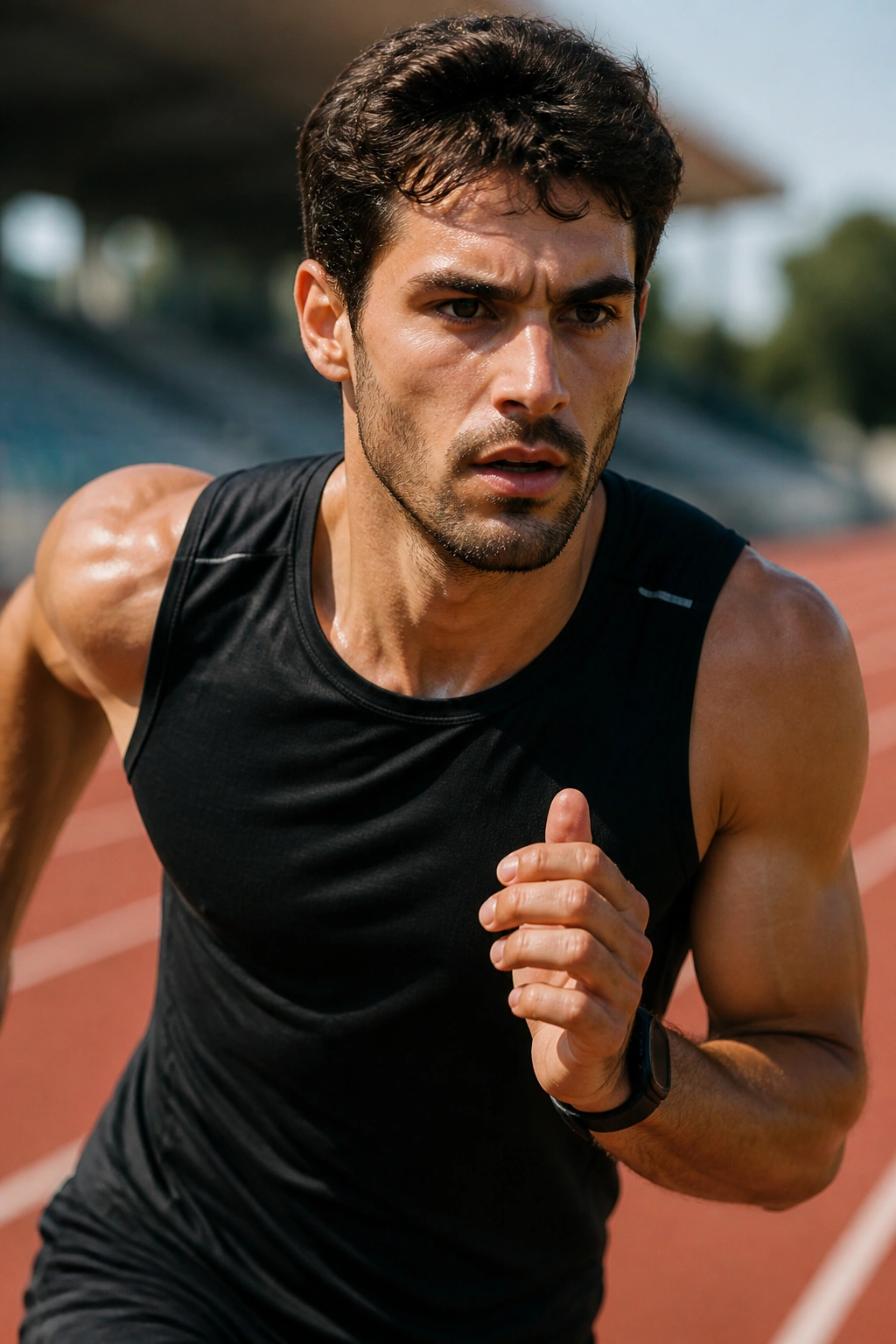 Close-up of a runner's face and upper body during a 400m interval on a track