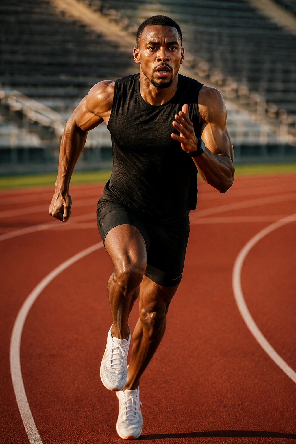 Runner on track during repeats, breathless and determined.