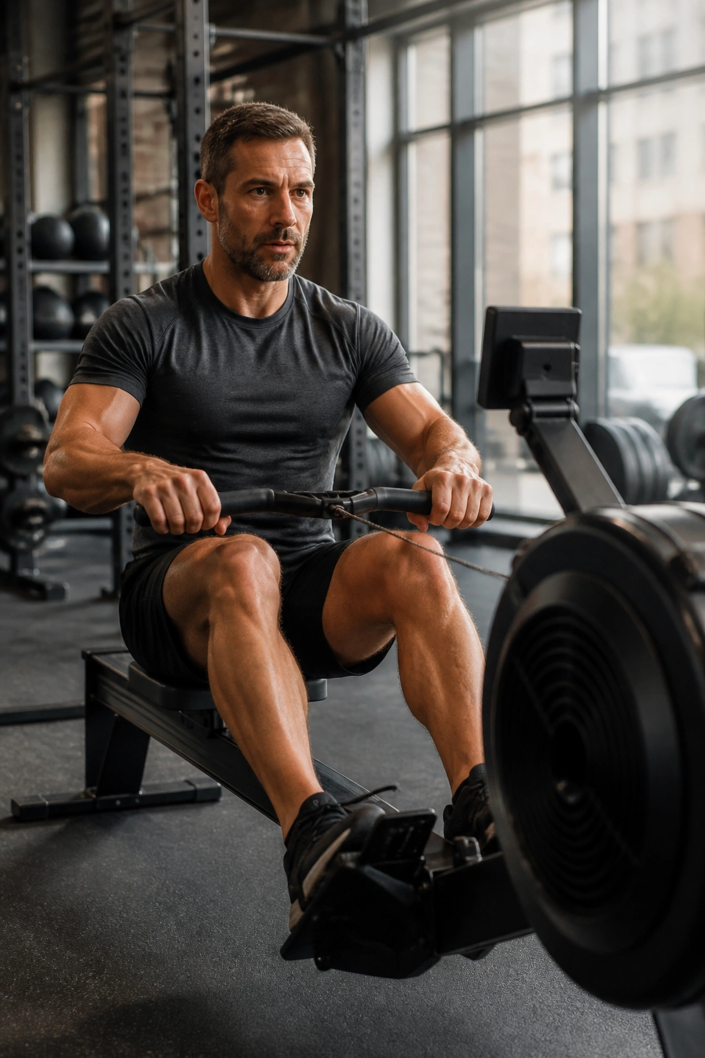Person warming up on a rowing machine in a gym