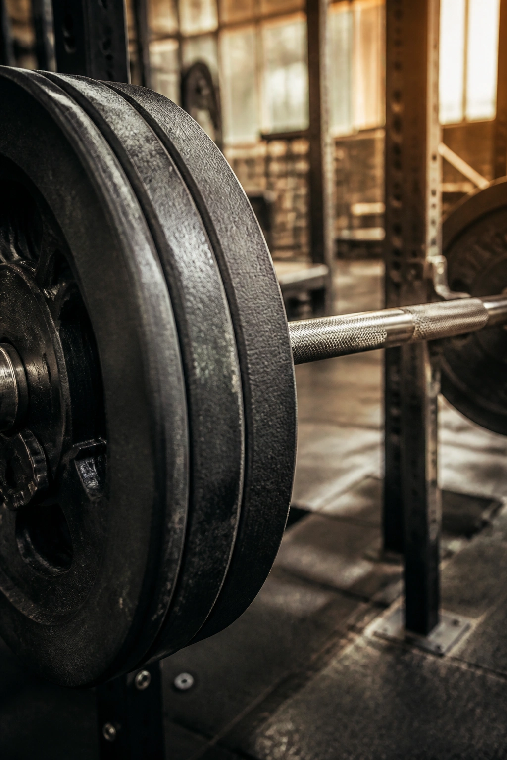 Close-up of a loaded barbell in a gym, symbolizing the 5/3/1 strength program