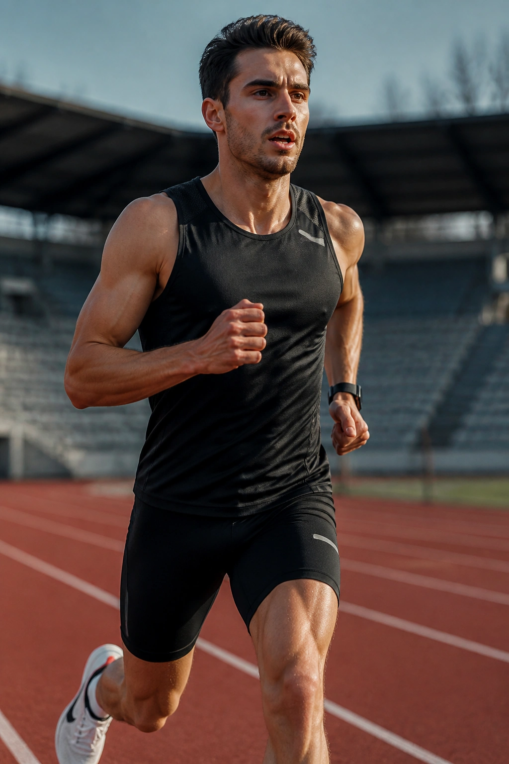 Runner in mid-stride performing 5K pace repeats on a track
