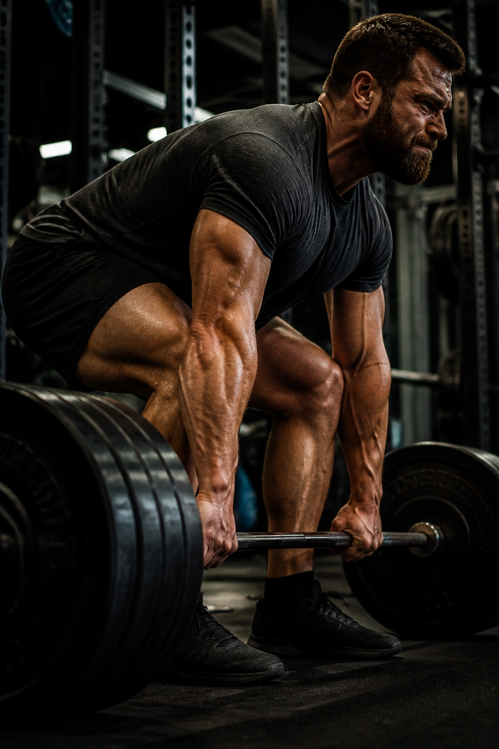 Close-up of lifter gripping a loaded barbell for a heavy lift