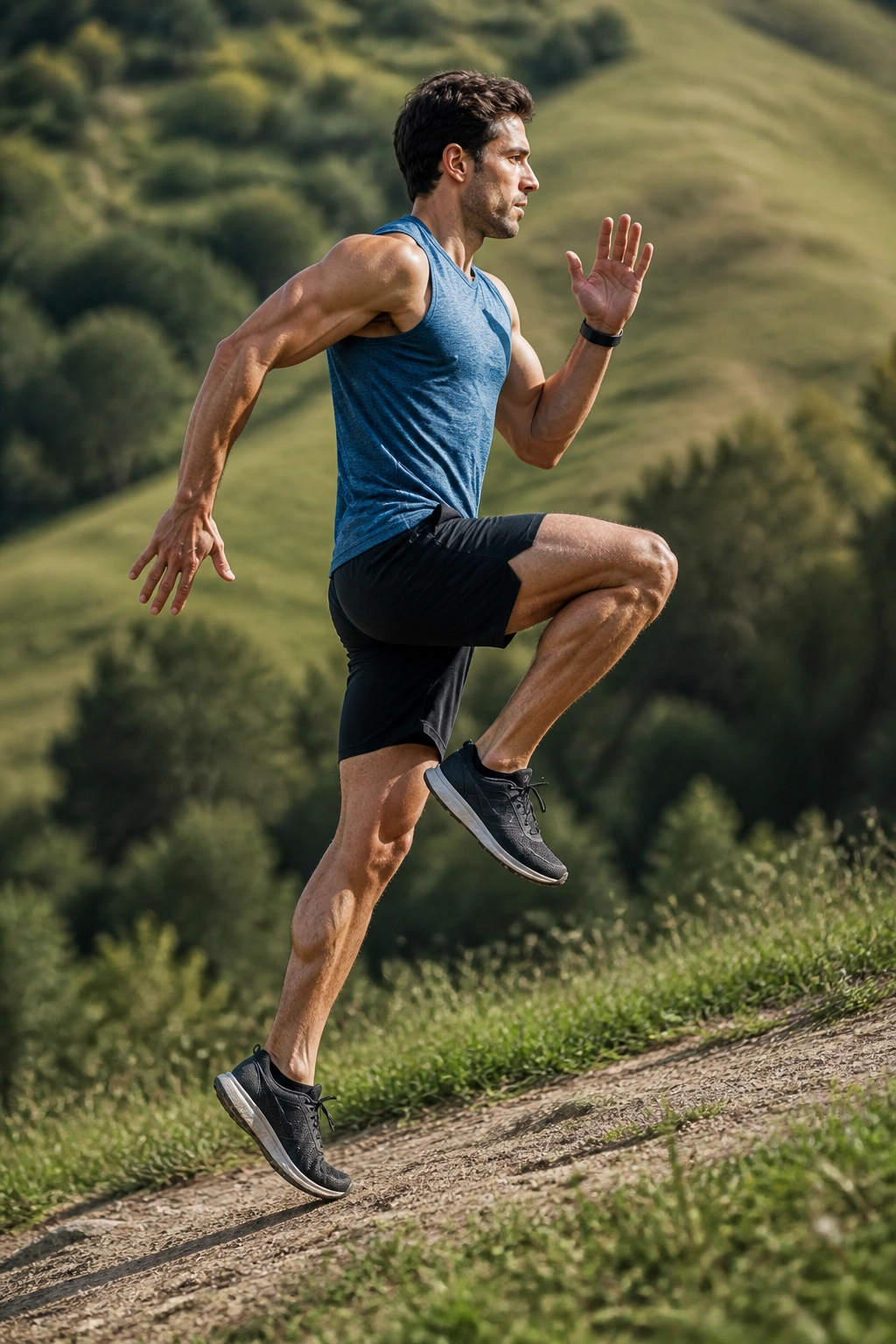 Runner performing A-skips on a gentle hill with focused hip motion