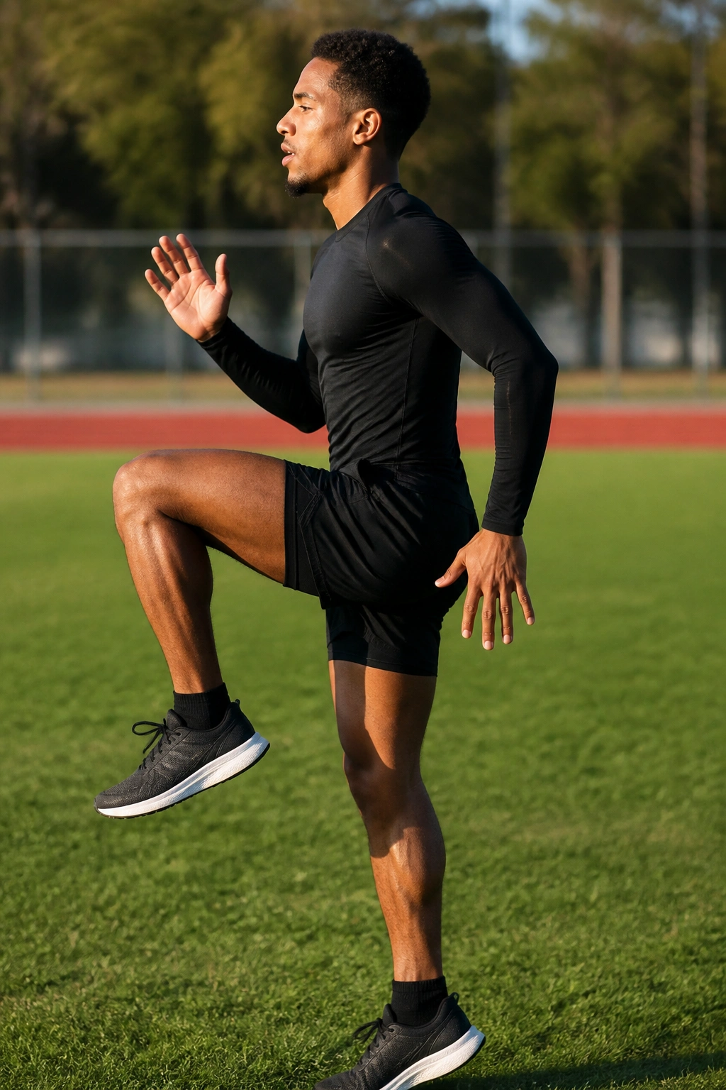 Runner performing A-skip with knee lift and quick ankle snap on track