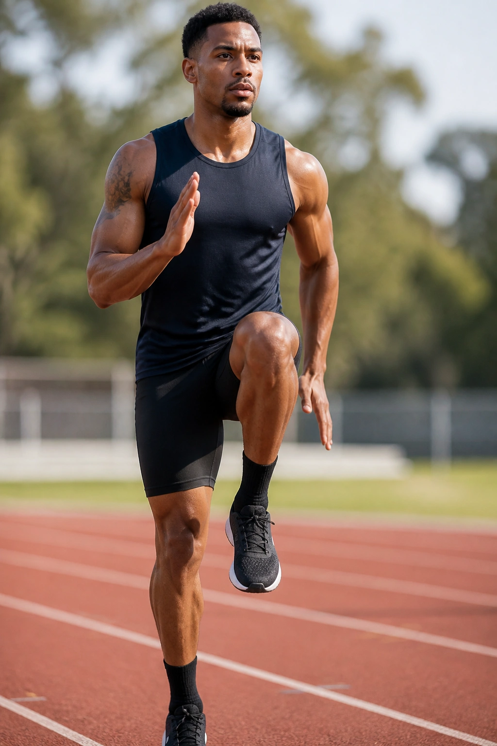 Close-up of a runner performing A-Skips outdoors with rhythmic, light bounce.