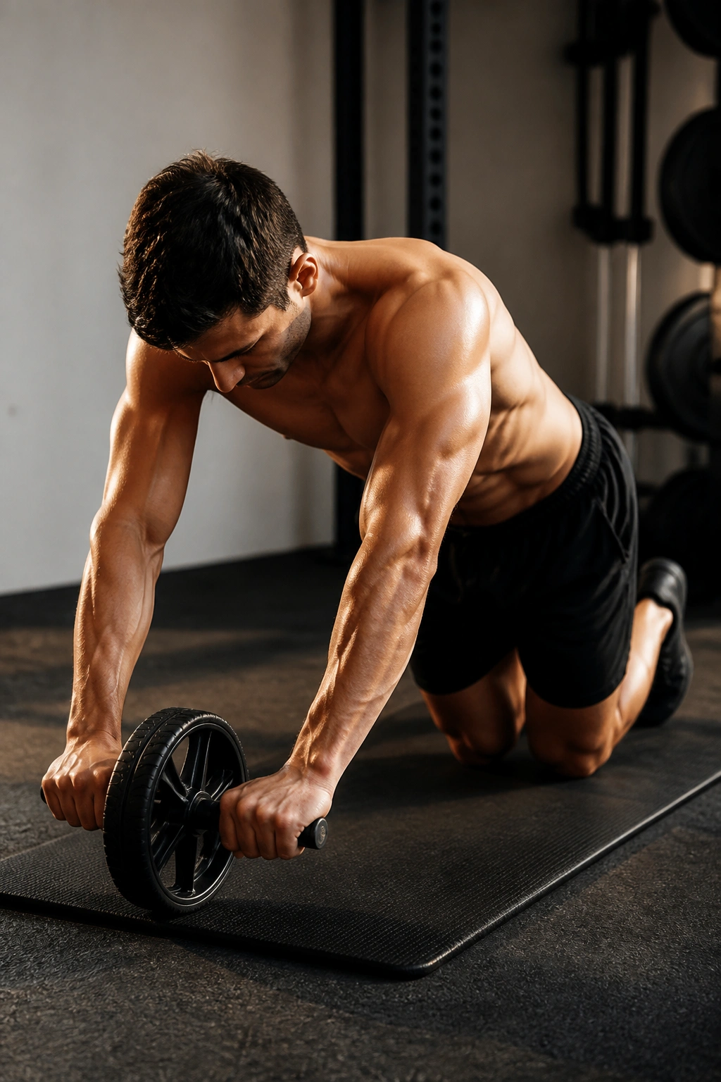 Close-up of a person performing ab rollouts with an ab wheel on a gym mat, core engaged