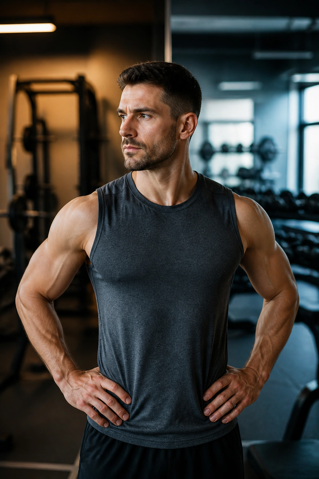 Lifter in gym with two workout zones visible behind, illustrating alternating A/B split