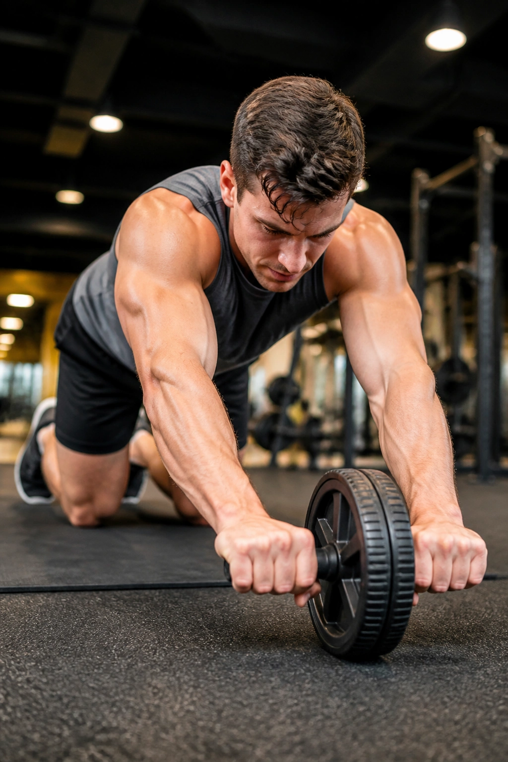 Person performing an ab wheel rollout on knees with strong core brace.