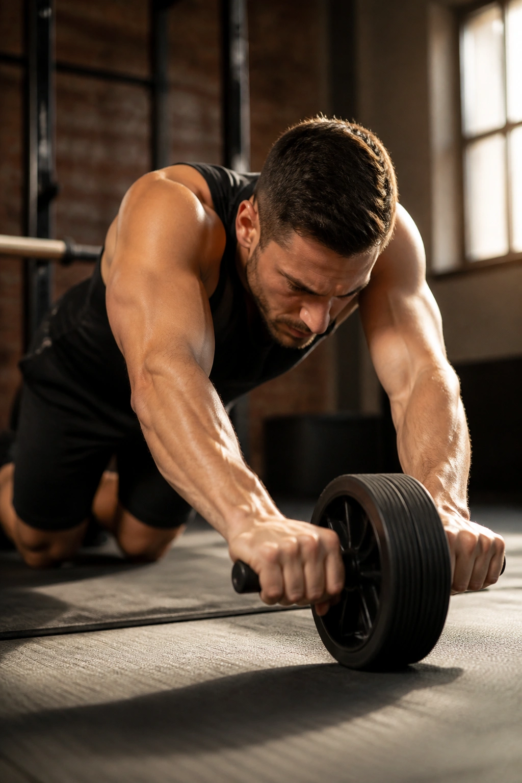 Close-up of a person performing ab wheel rollout on gym mat with core engaged