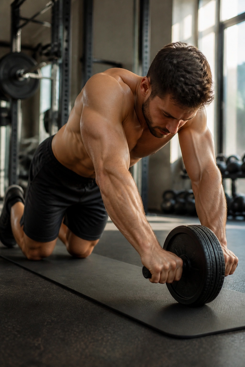 Close-up of a person performing an ab wheel rollout with deep core engagement on a gym mat