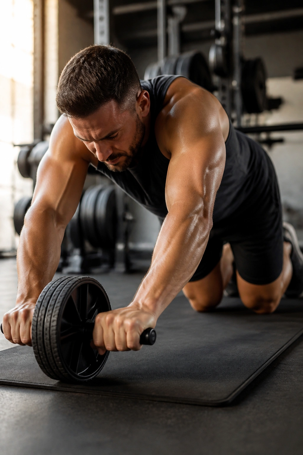 Close-up of a person performing an ab wheel rollout on a gym mat, core engaged and back flat