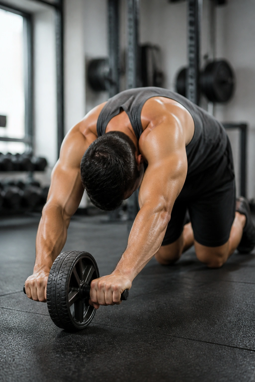 Person performing ab wheel rollout with rounded back and engaged core