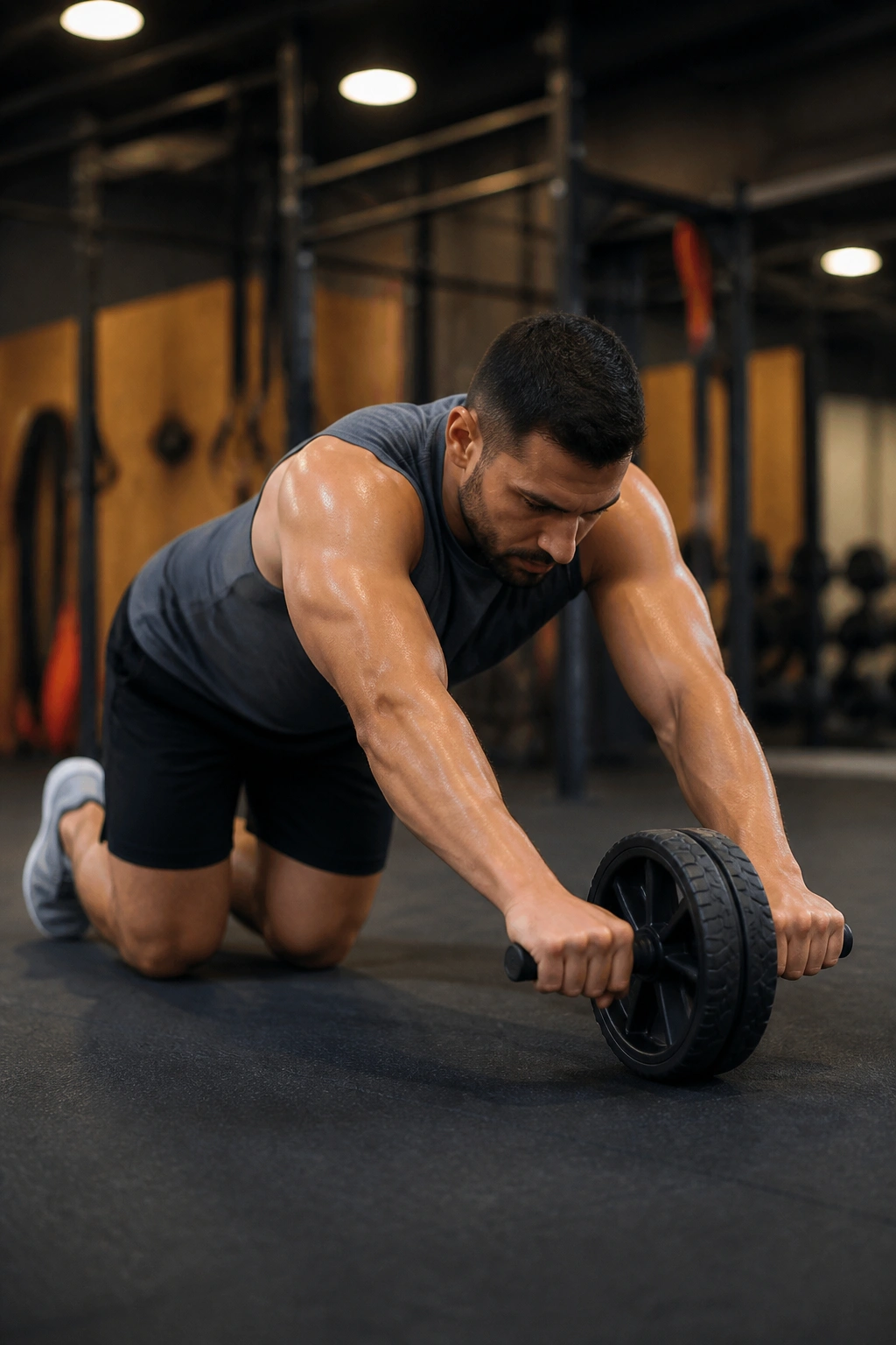 Person kneeling performing an ab wheel rollout with strong core engagement