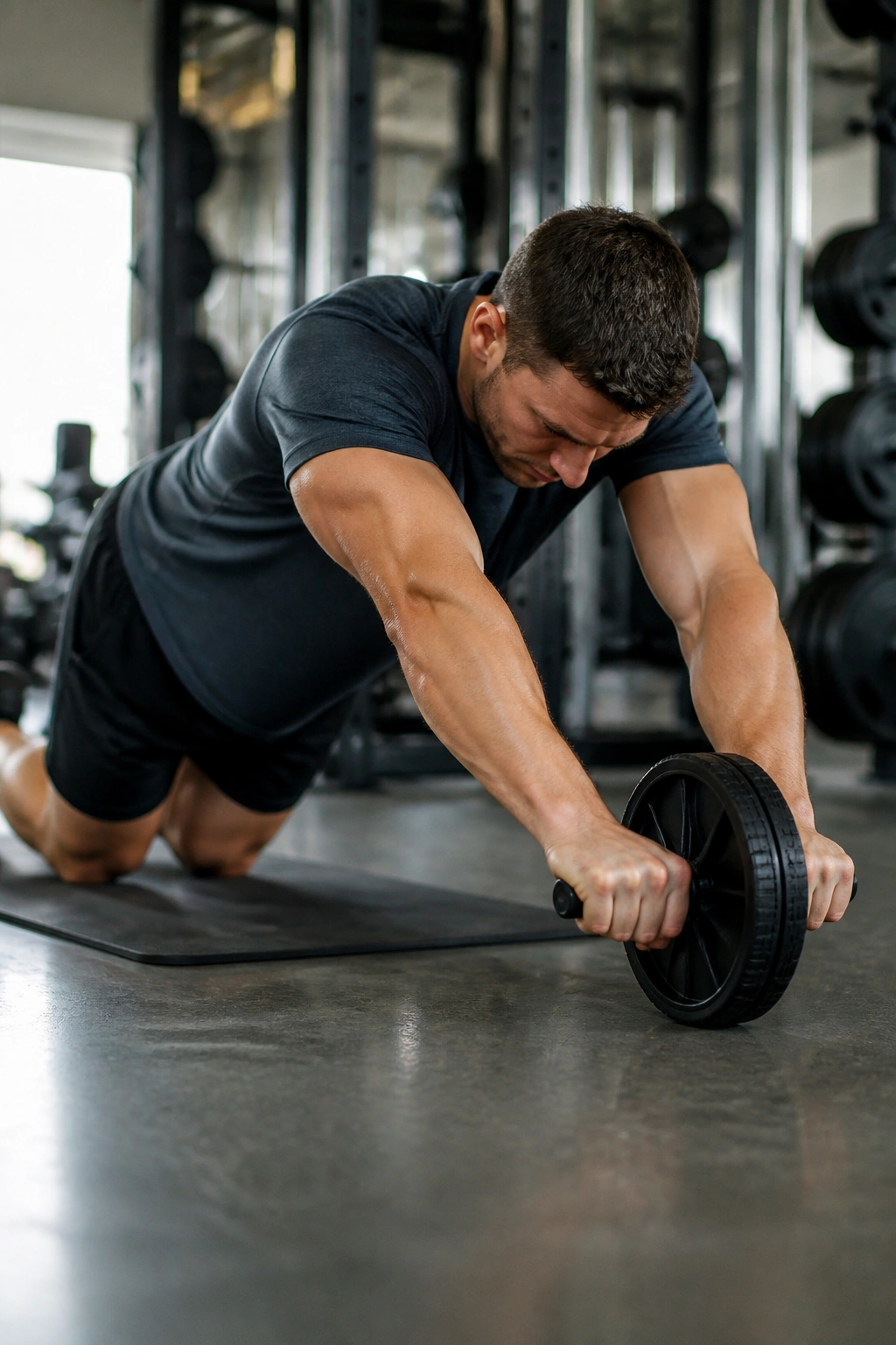 Close-up of a person kneeling with an ab wheel, braced core in a gym setting.