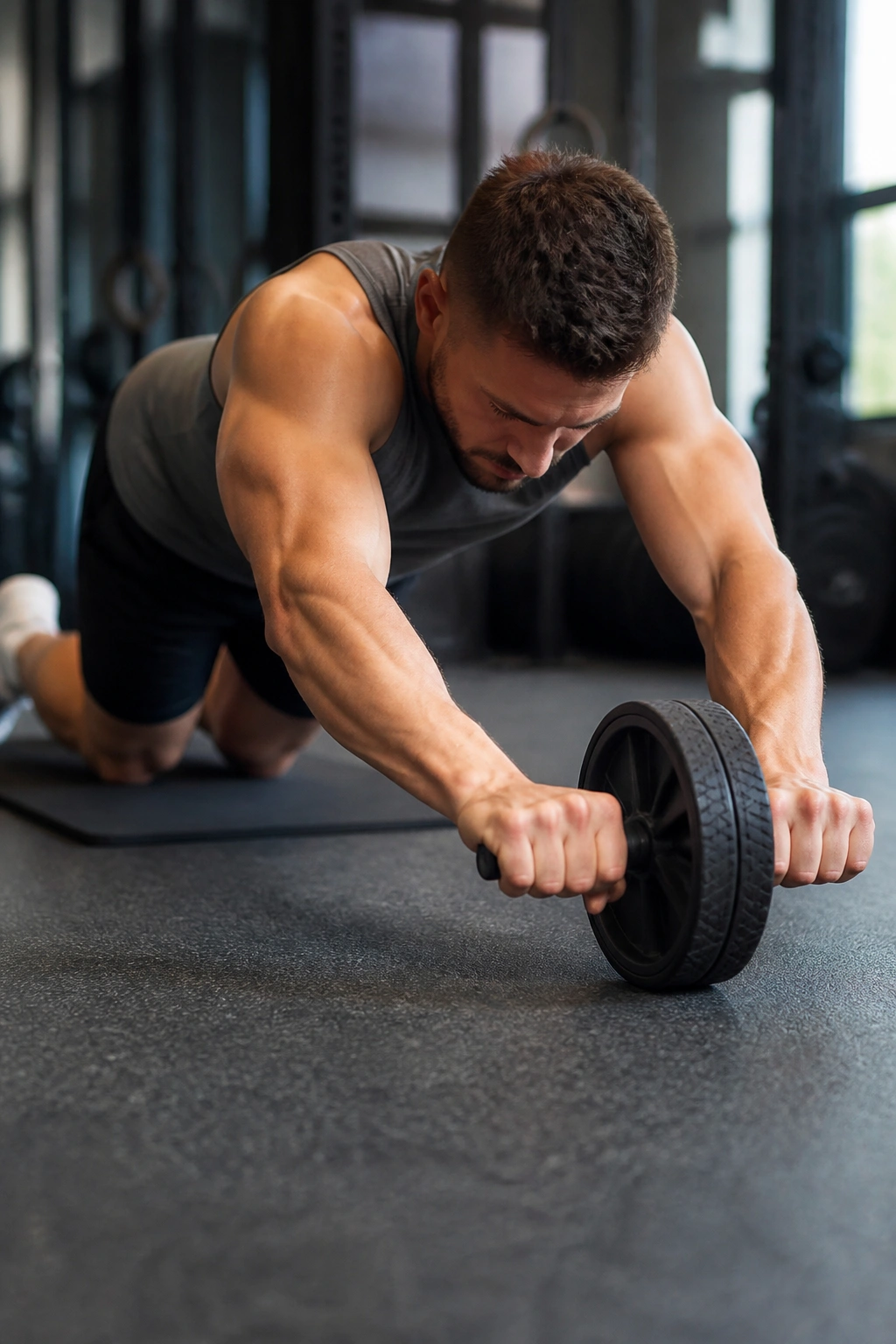 Person performing ab wheel rollout from knees focusing on core