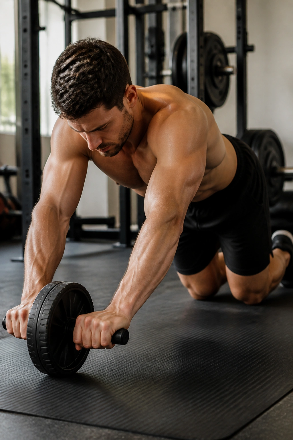 Ab wheel rollout showing braced core and controlled extension