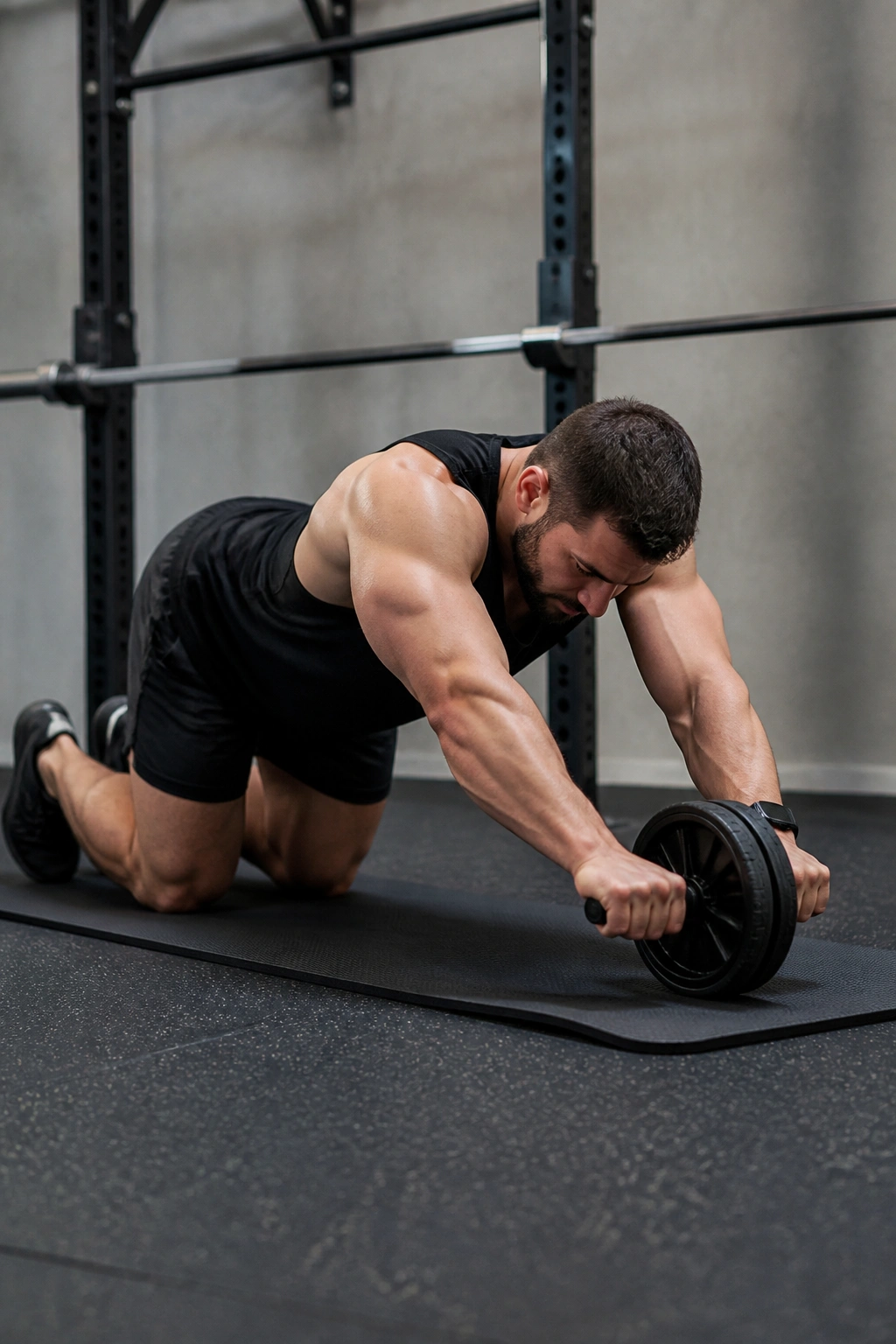 Athlete performing an ab wheel rollout with strict form on gym mat