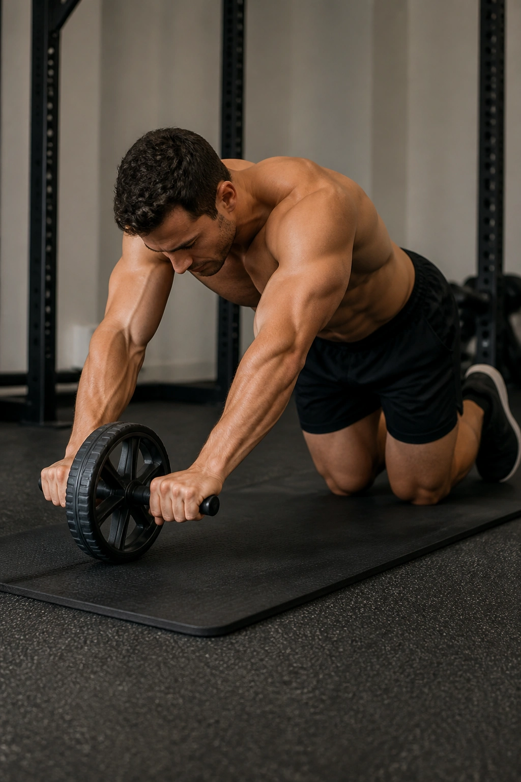 Kneeling figure using an ab wheel with controlled rollout in a gym