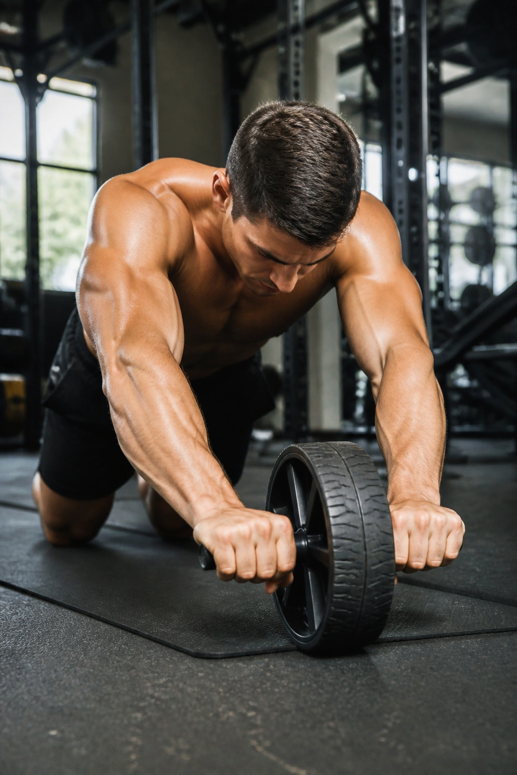 Kneeling person performing an ab wheel rollout with core engaged