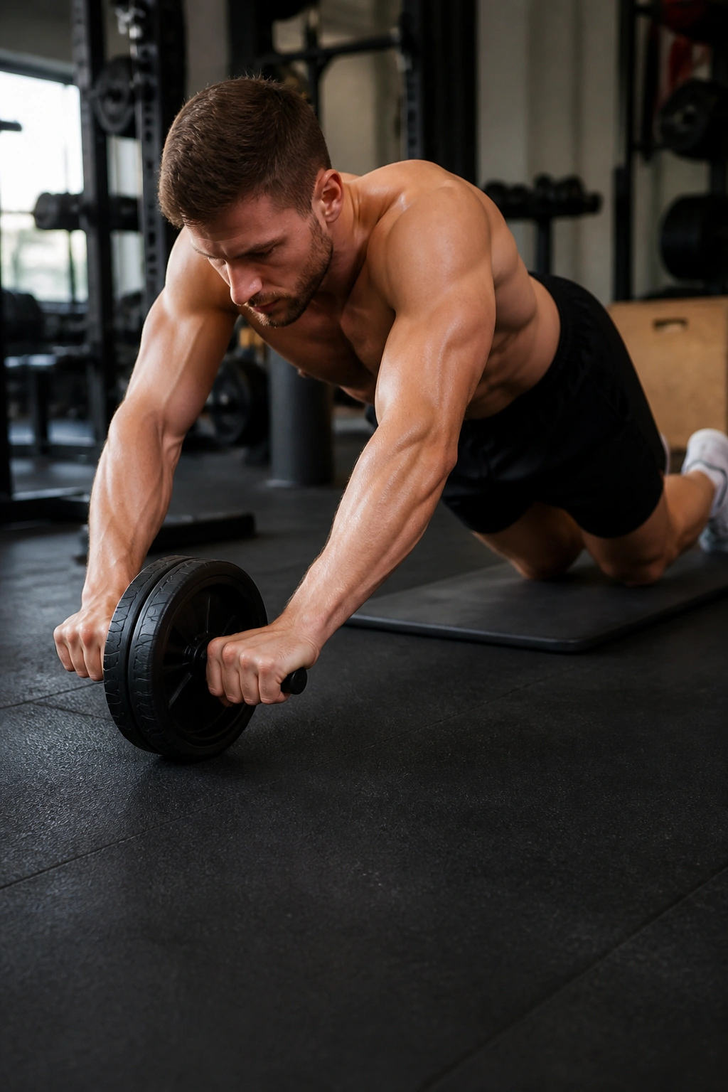 Real person kneeling with ab wheel on gym mat performing rollout