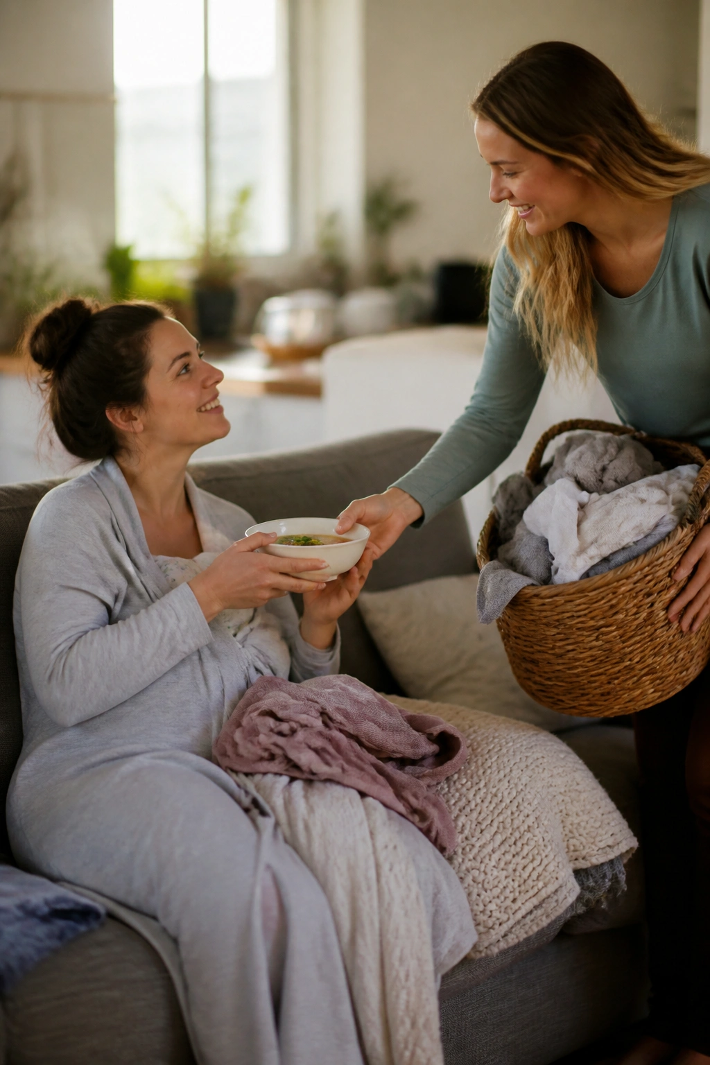 Postpartum mom accepts help from a friend in a living room