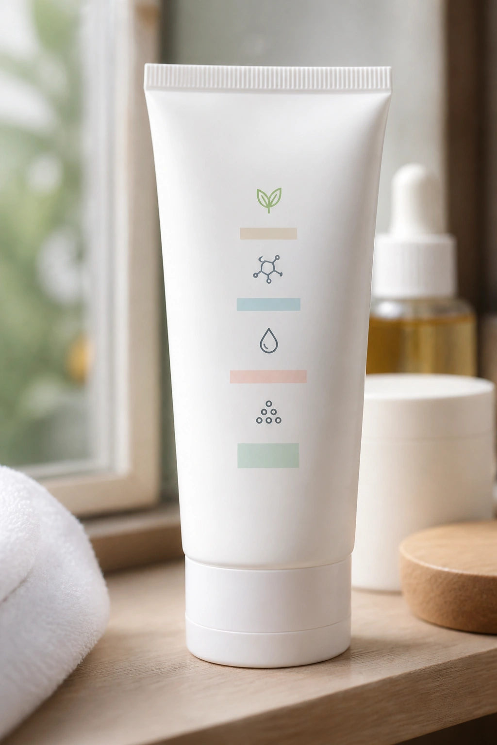 Close-up of a skincare product with non-text ingredient icons on a bathroom shelf