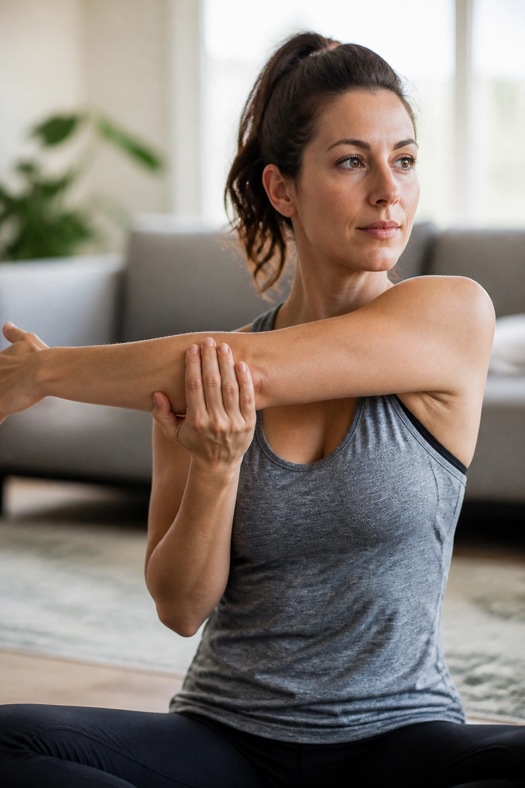 Medium close-up of a real woman performing gentle mobility in a sunlit living room for active recovery and consistency