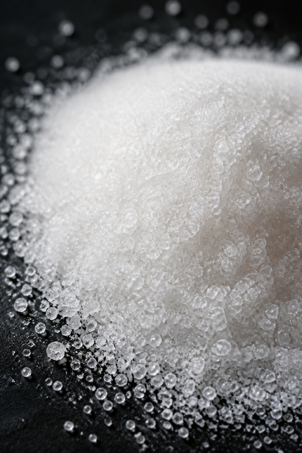 Granulated sugar crystals piled on a dark surface showing added sugar awareness