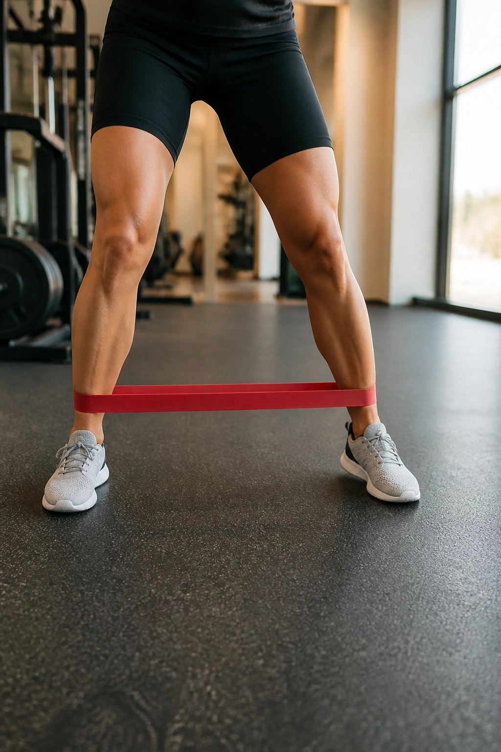 Lower legs performing resistance band adduction walks with ankle bands