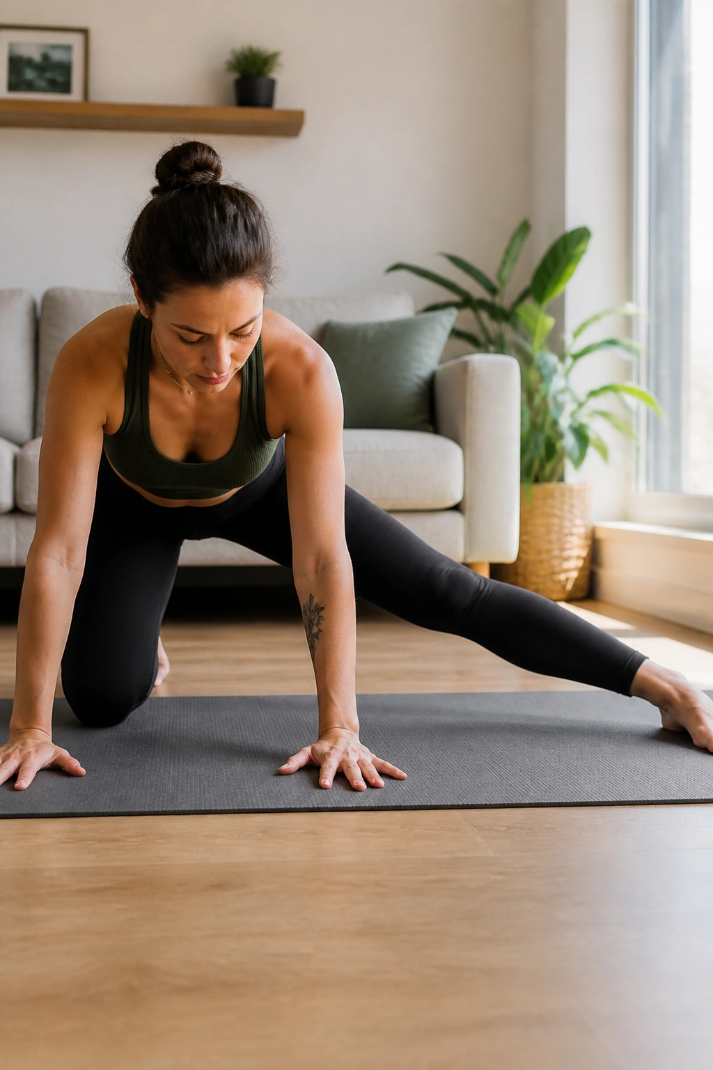 Person on all fours performing adductor rockbacks in a home setting