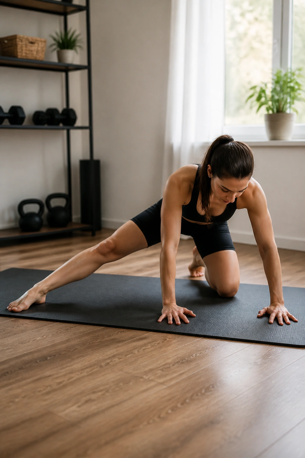 Person on hands and knees performing adductor rock-backs.