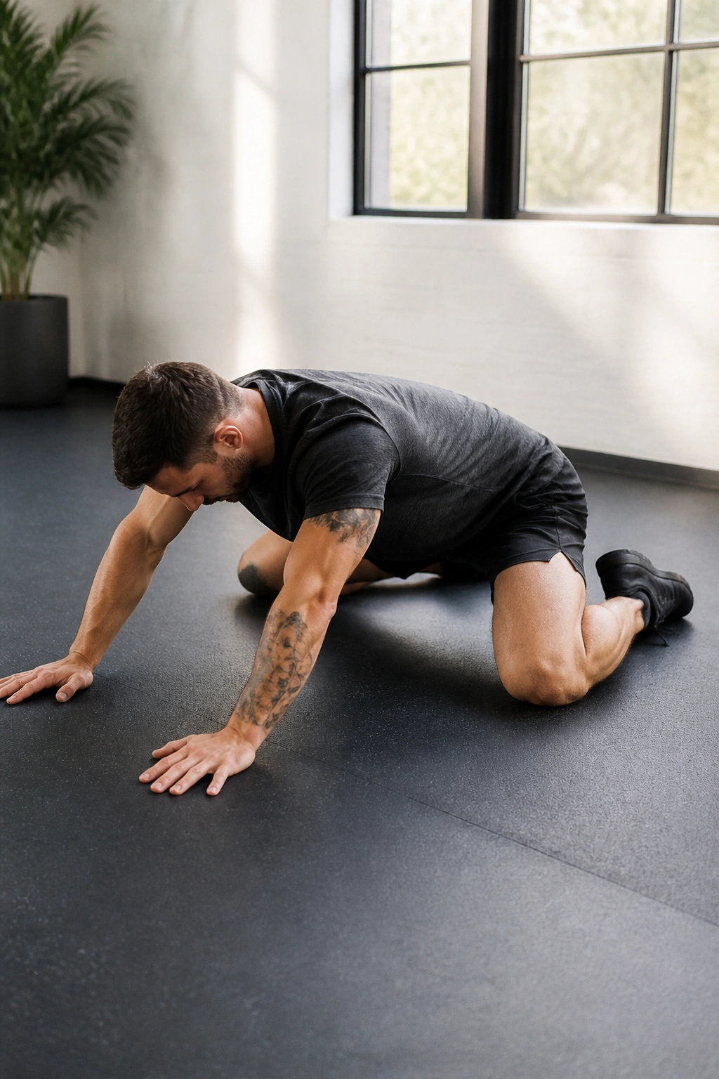 Person on all fours performing adductor rock-backs with hips moving back