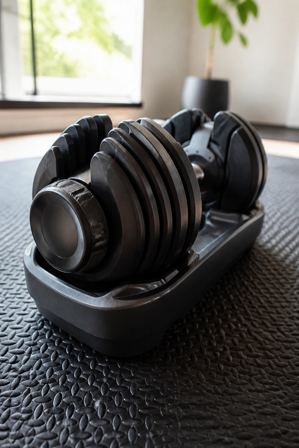 Close-up of an adjustable dumbbell on a gym mat in a bright home gym