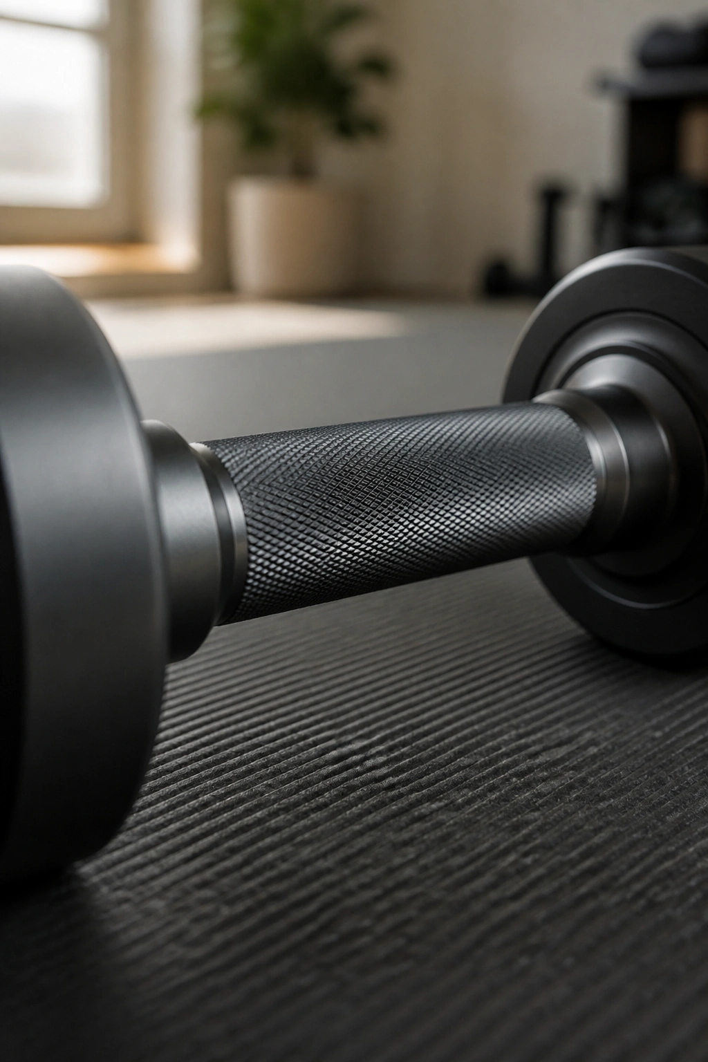 Close-up of an adjustable dumbbell handle on a gym mat