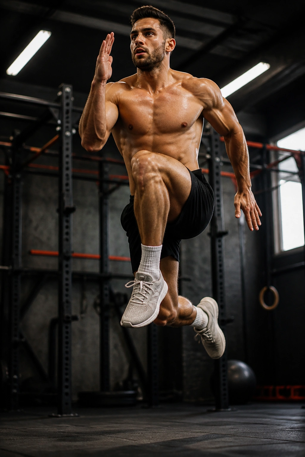 Athlete performing explosive lunge jump with push-up to T-rotation sequence