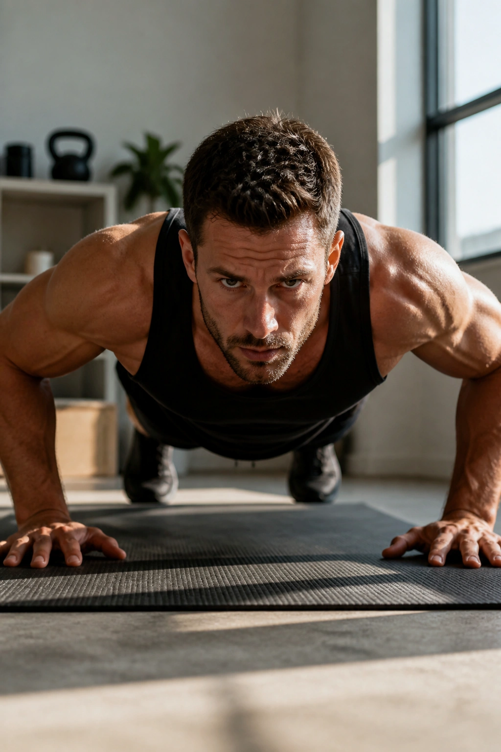 Focused push-up in a small home gym, emphasized core strength