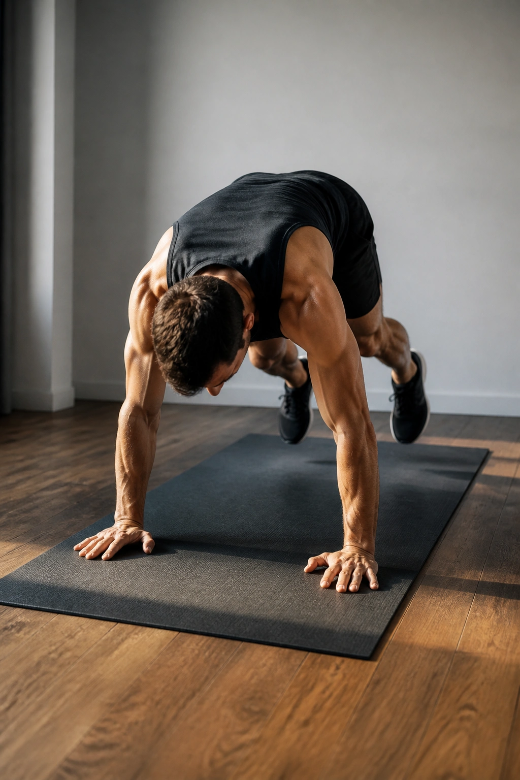Adult performing burpee in home gym for advanced full-body challenges