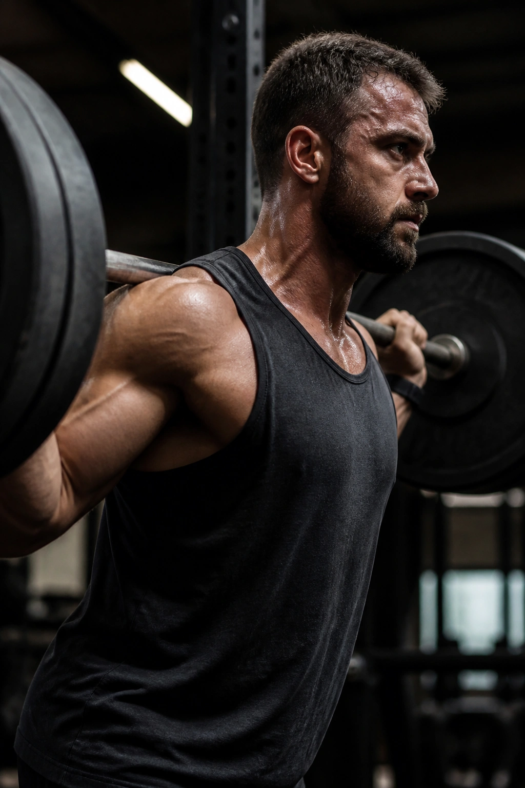 Medium close-up of a lifter with a barbell showing weight plates in a gym