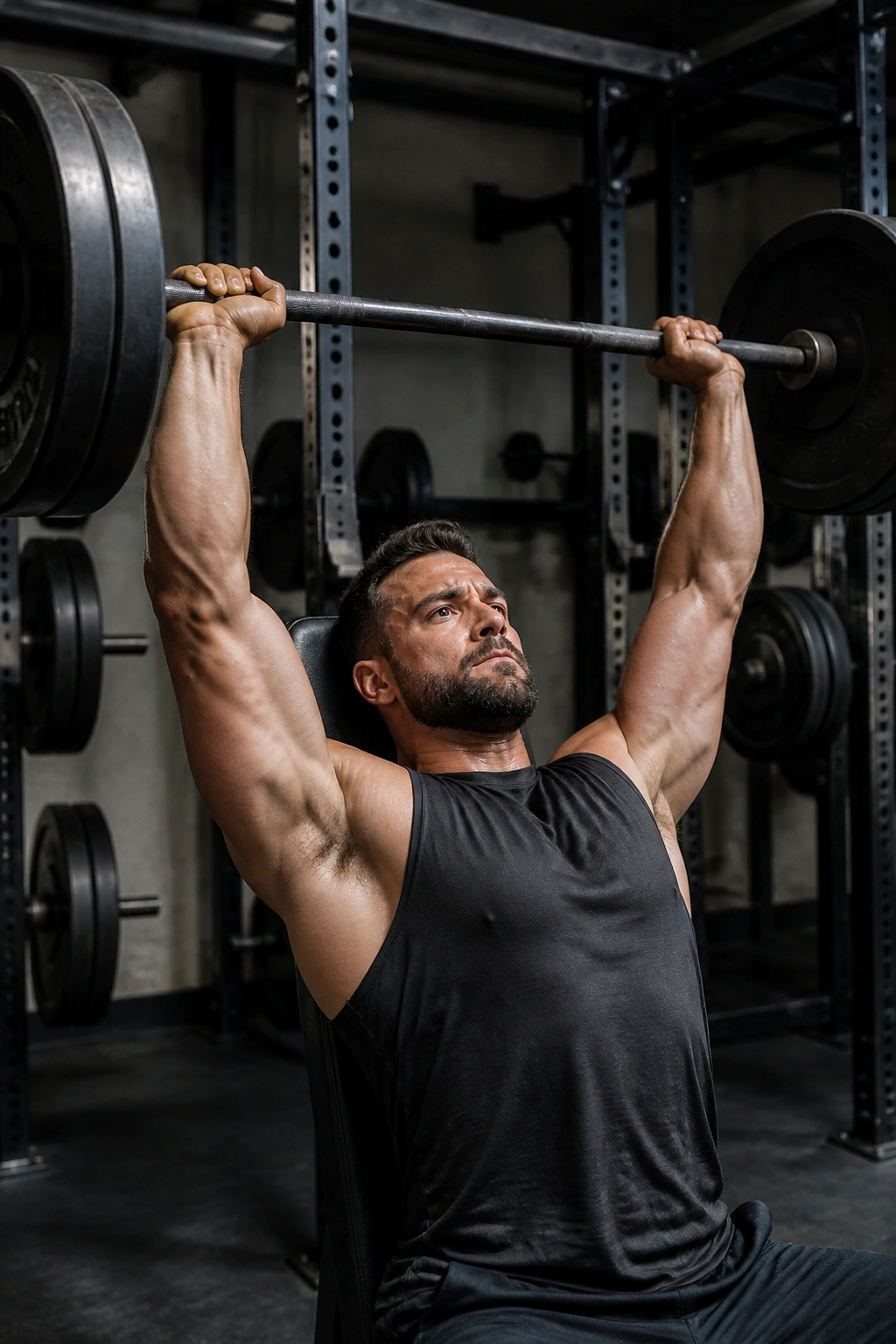 Athlete performing heavy overhead press in gym