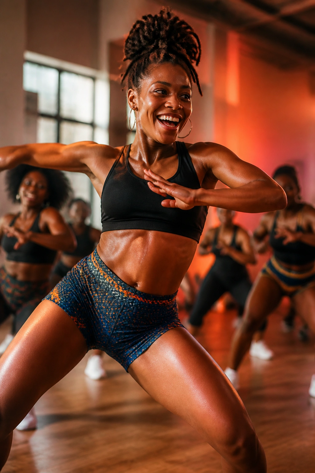 Dancer performing Afrobeat cardio-HIIT with full-body movement