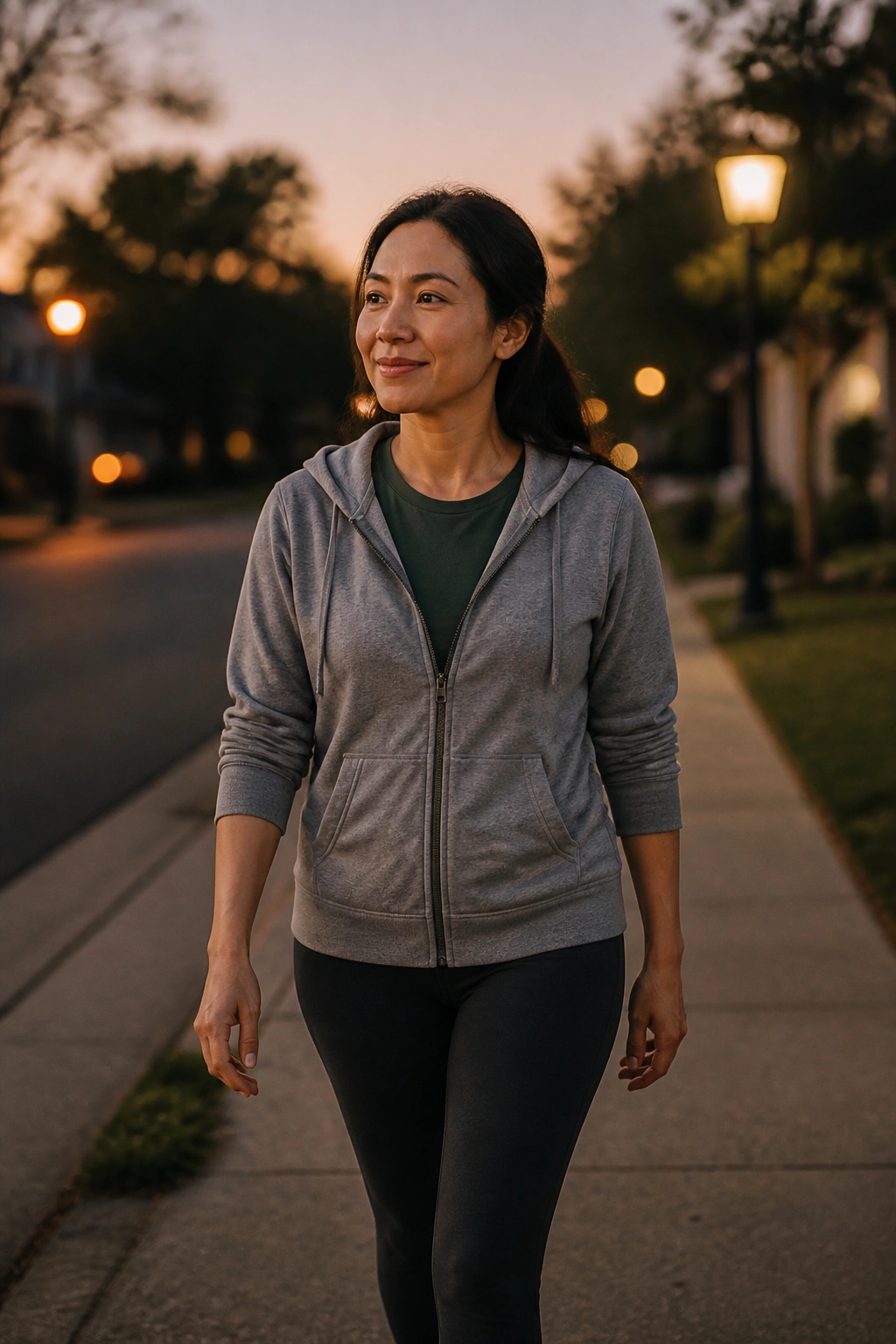 Evening after-dinner walk on a quiet street with a person walking