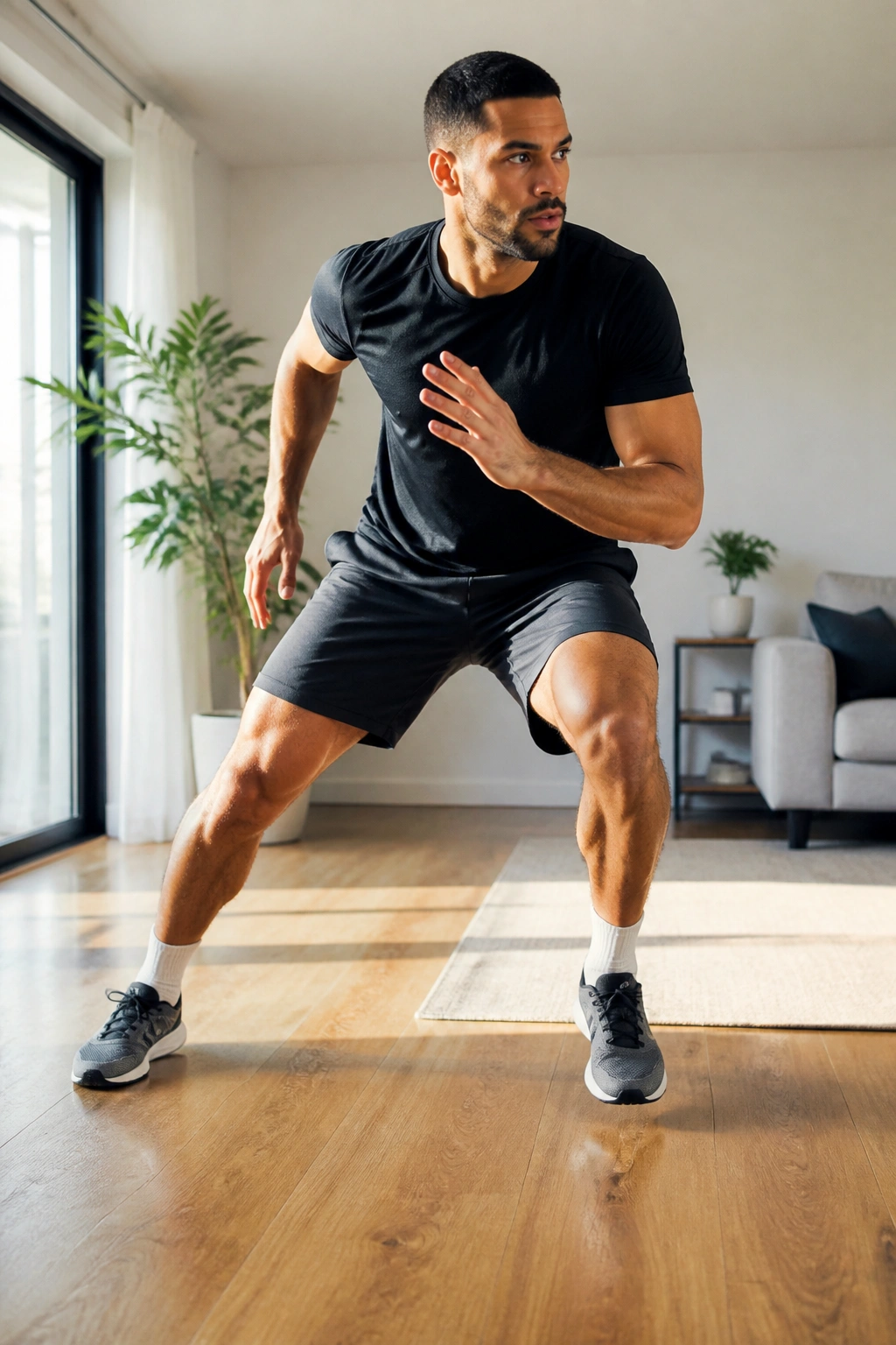 Medium shot of a person performing side shuffles in a home environment
