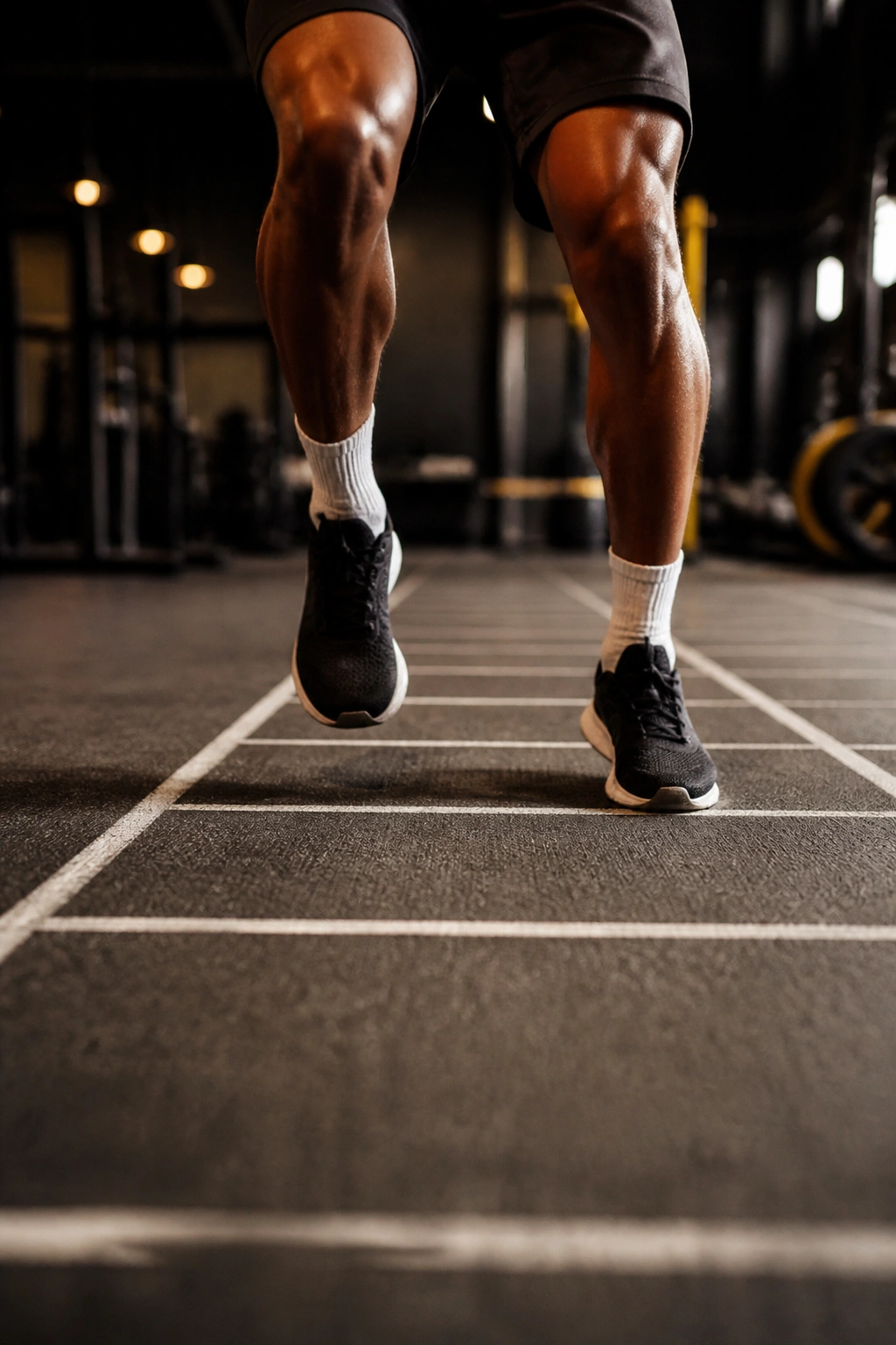 Close-up of fast footwork over imagined ladder lines on a gym floor