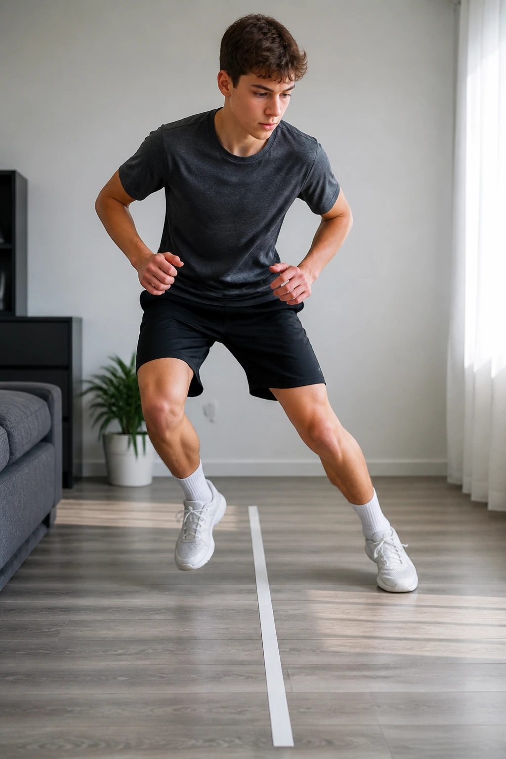 Teen doing agility drills along a taped line in a small space