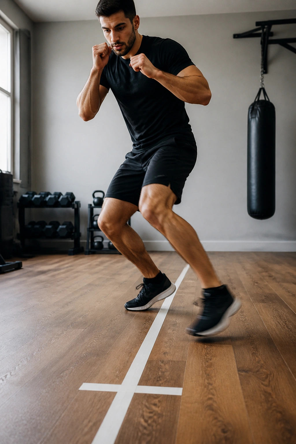 Boxer performing agility drills across taped floor line in home gym.