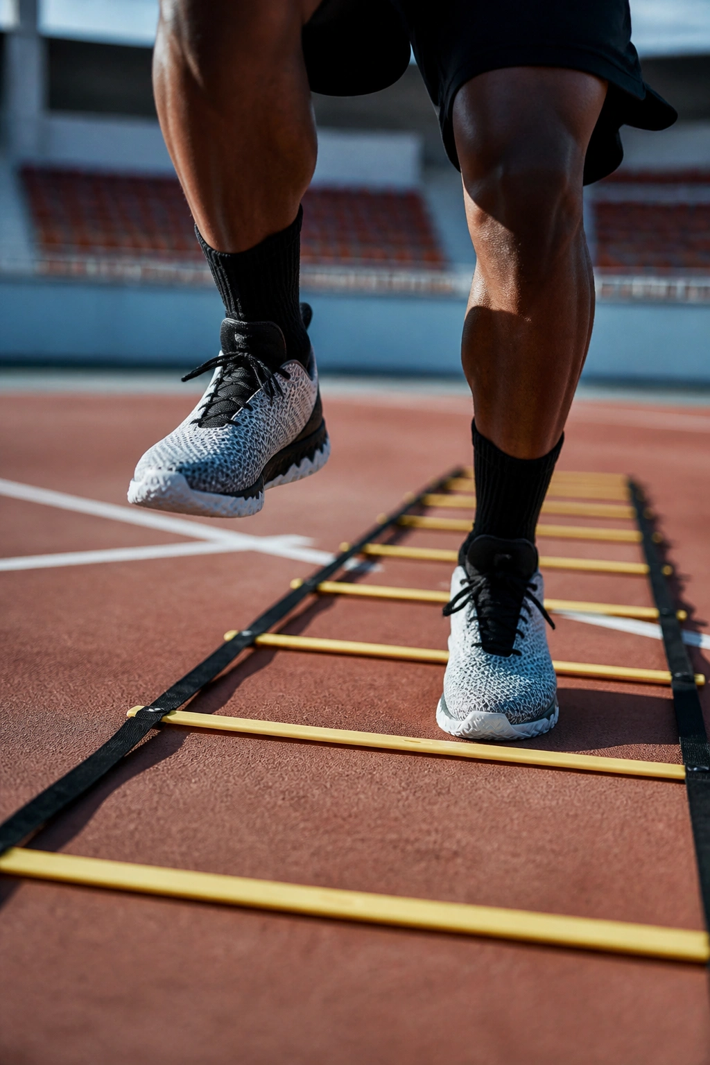 Close-up of a real athlete's feet during ladder drills on an outdoor court, highlighting agility and fast footwork