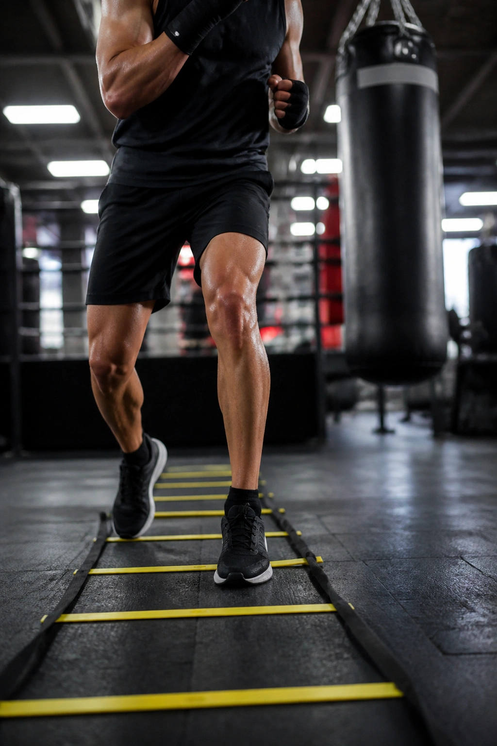 Athlete performing ladder drills and punching in gym