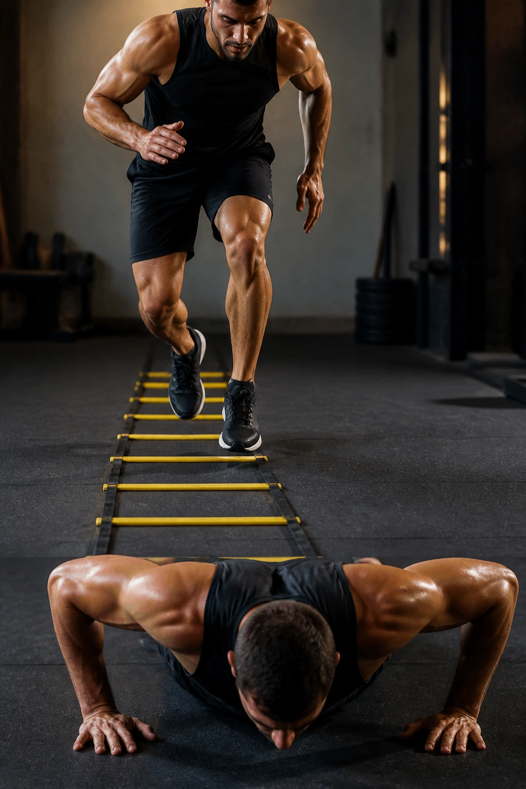 Athlete performing ladder drill transitioning into Burpee on a gym floor