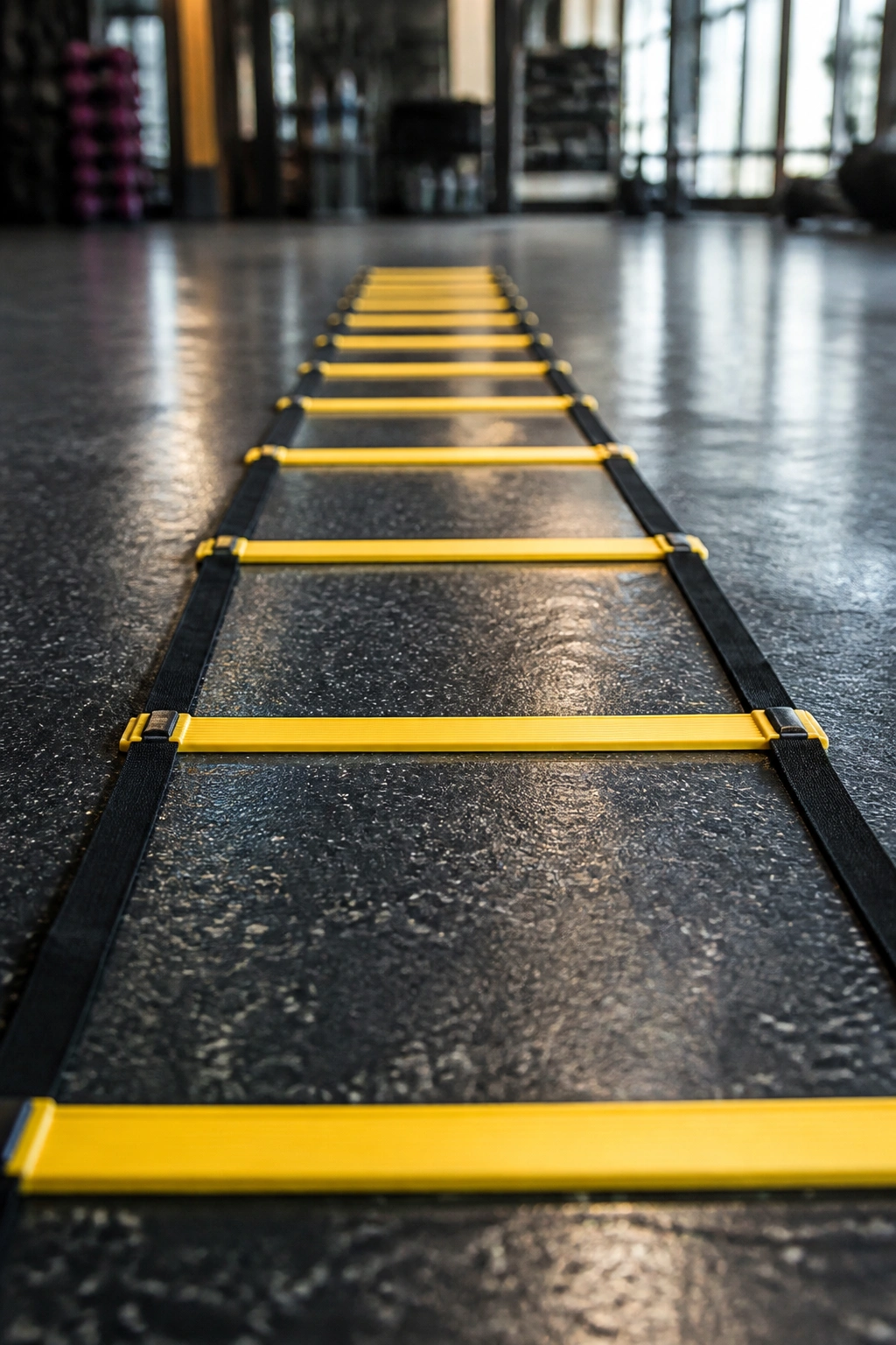 Close-up of an agility ladder on a gym floor ready for drills