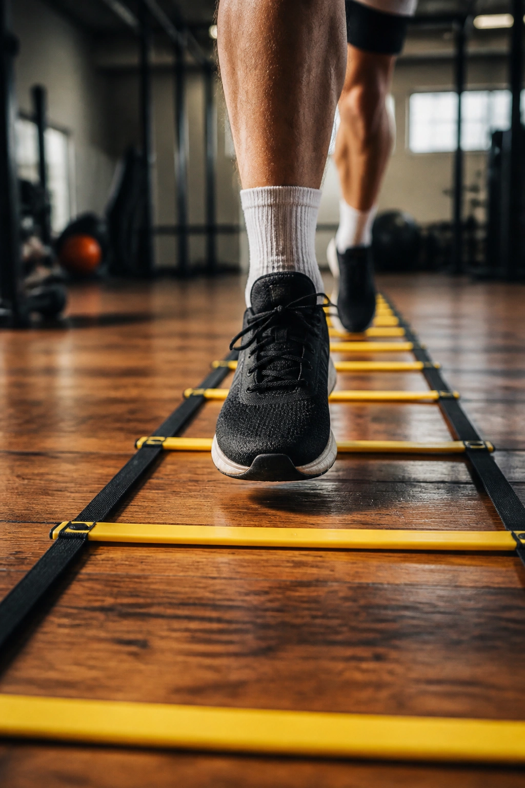 Foot stepping into agility ladder rung on gym floor